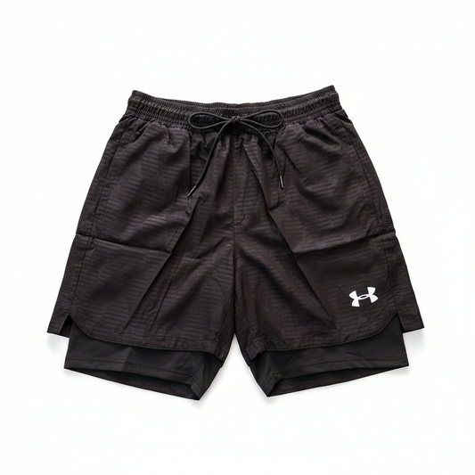 Black UA 2-in-1 cargo shorts white background