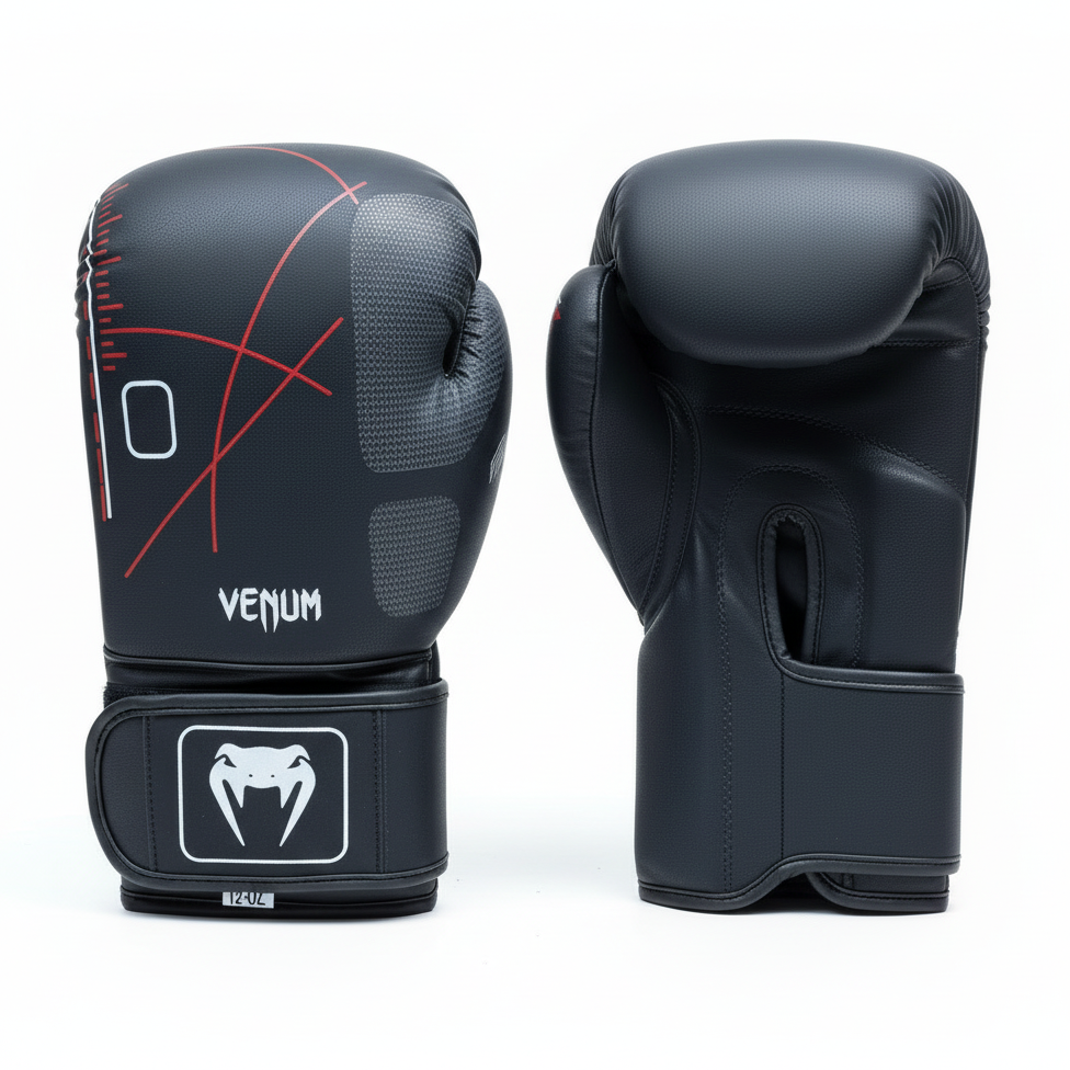 Black Venum boxing gloves with red accents on white background