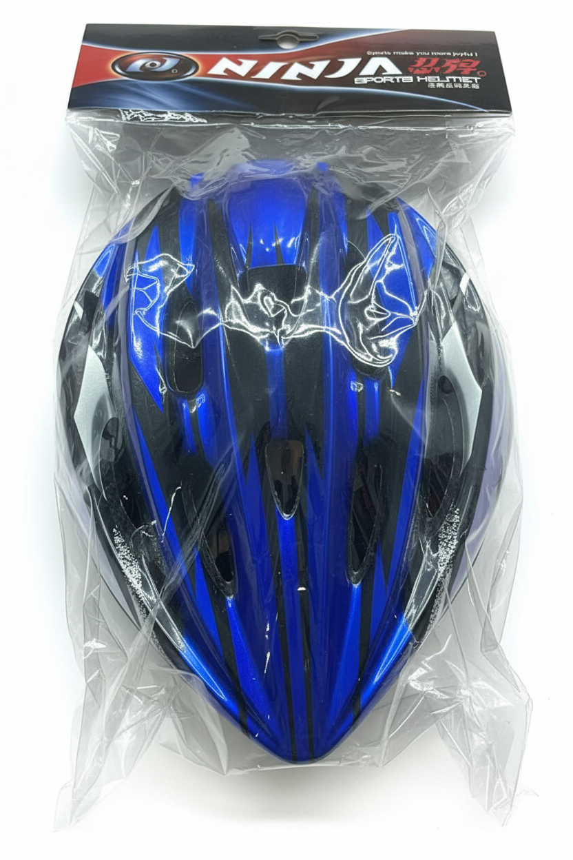 Blue and black Ninja helmet with packaging on white background