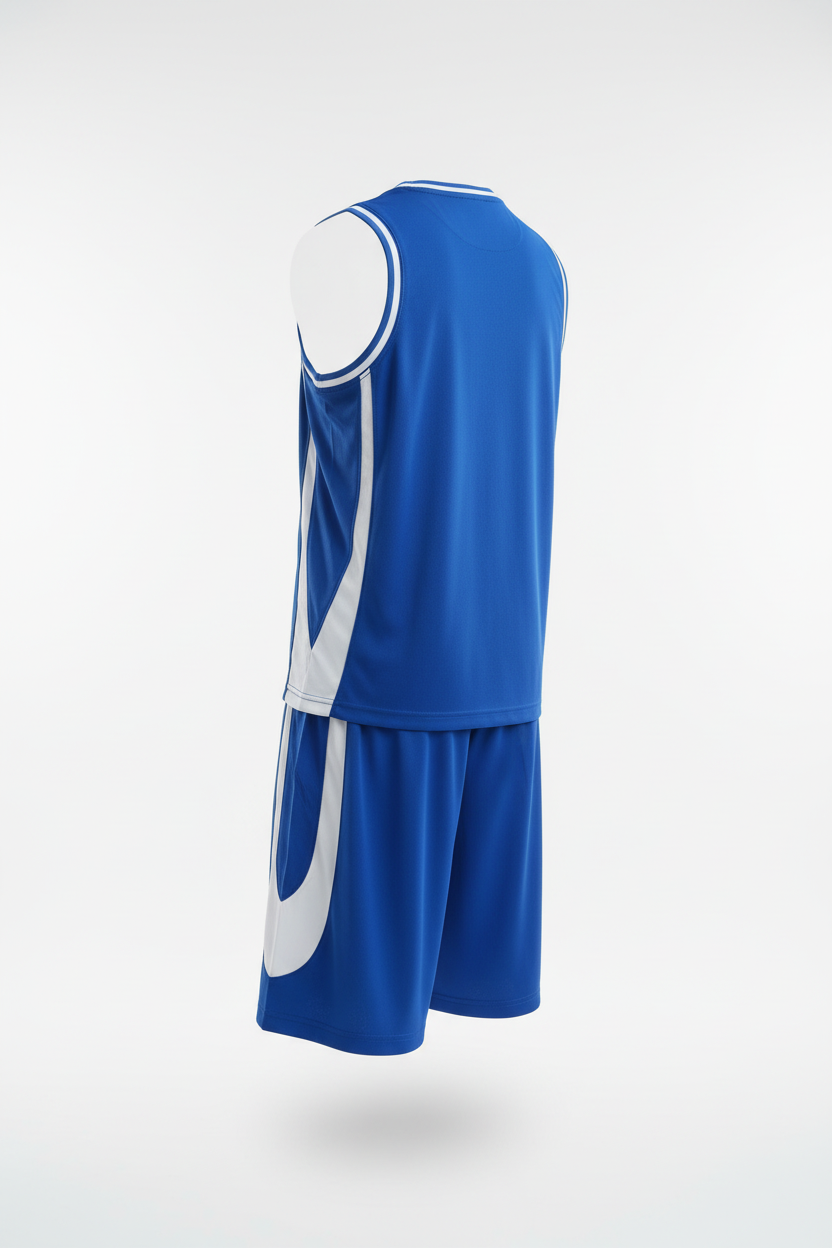 Blue and white basketball uniform back view
