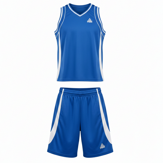 Blue and white basketball uniform front view ghost mannequin