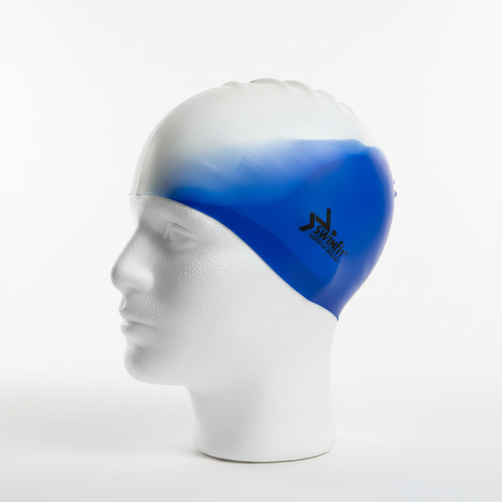 Blue and white swim cap on mannequin - left side view