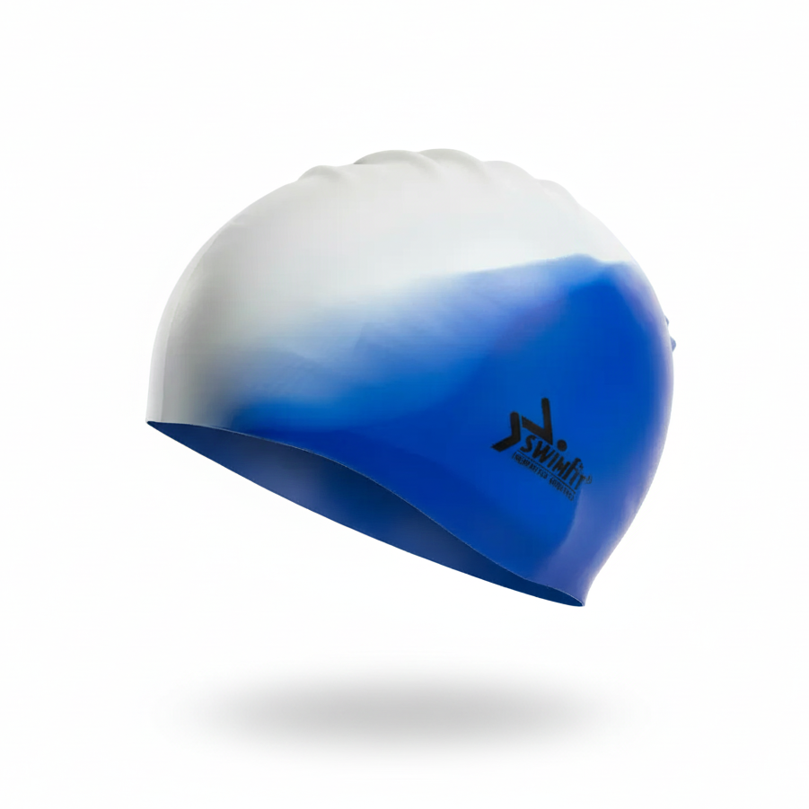 Blue and white swim cap side view without mannequin