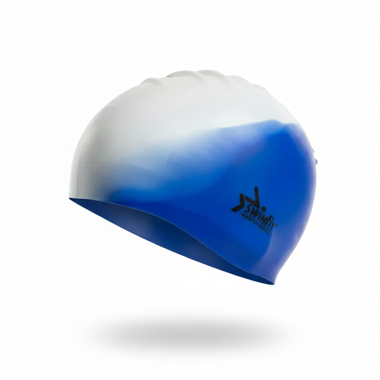 Blue and white swim cap side view without mannequin