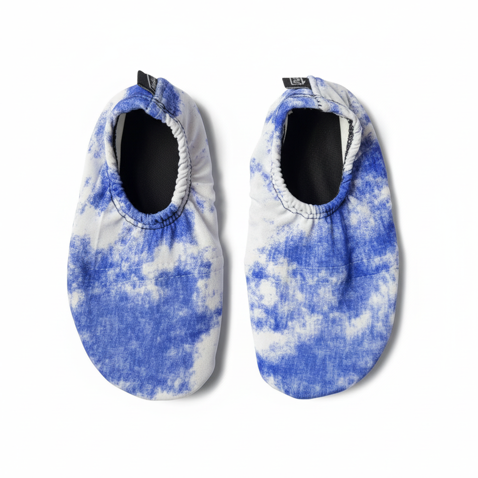 Blue and white tie-dye shoes on white background
