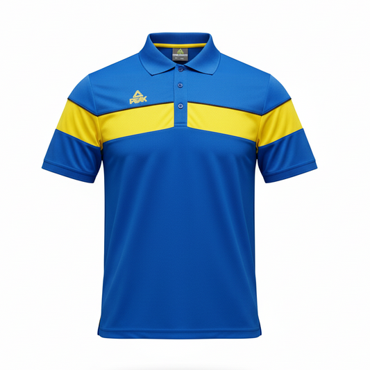 Blue and yellow Peak polo shirt with ghost mannequin effect on white background