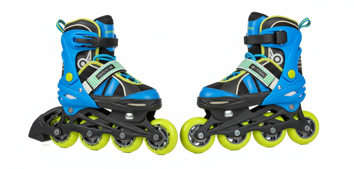 Blue and yellow roller skates on white background