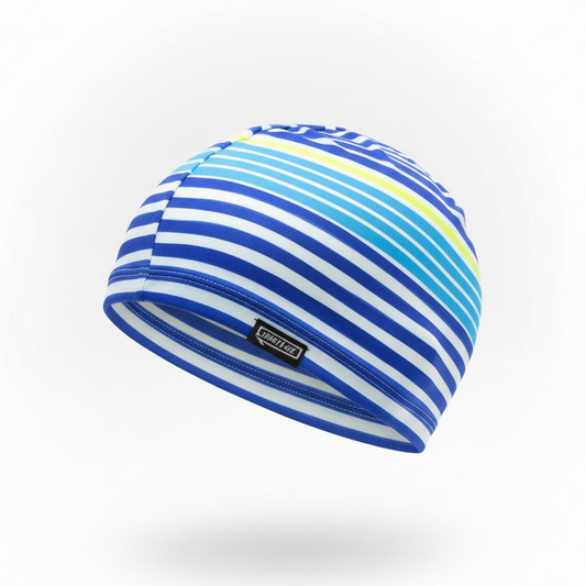 Blue and yellow striped lycra cap - left side floating view