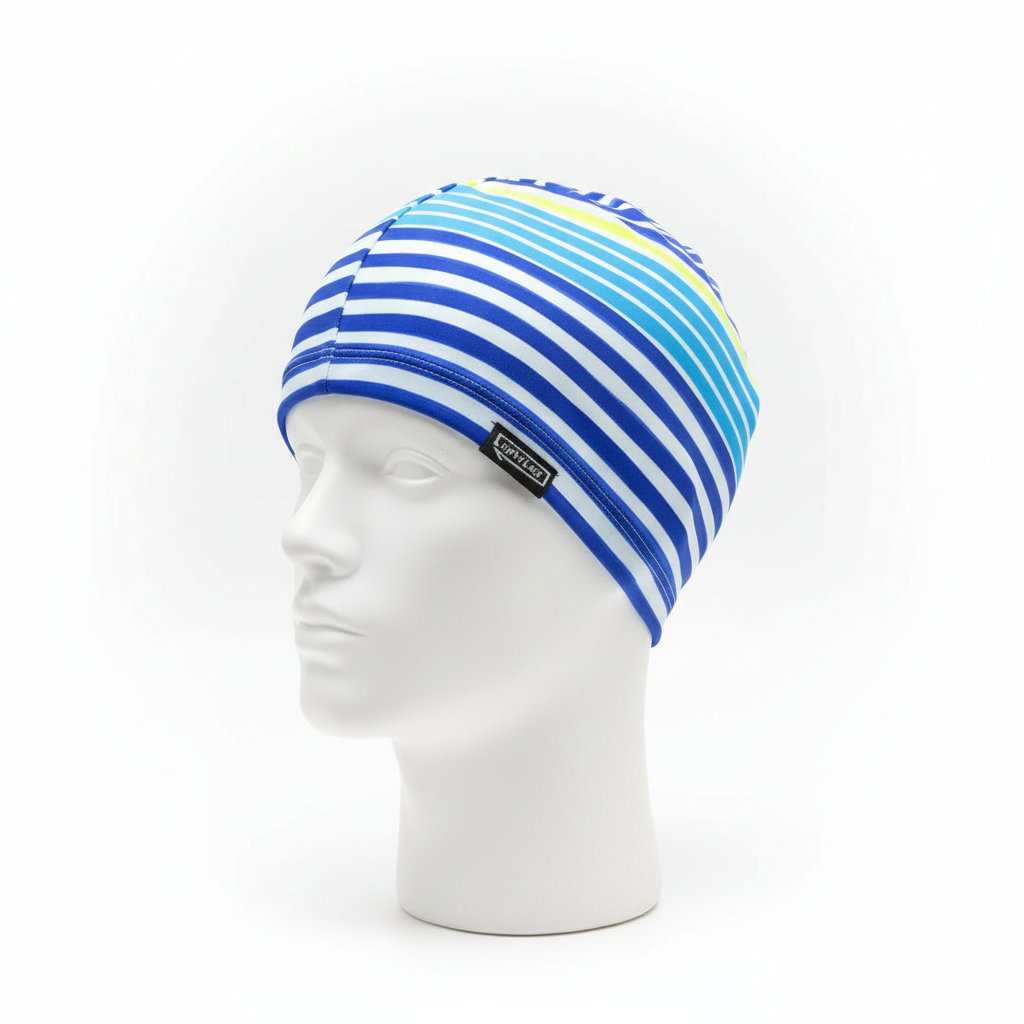 Blue and yellow striped lycra cap on mannequin - left side view with brand