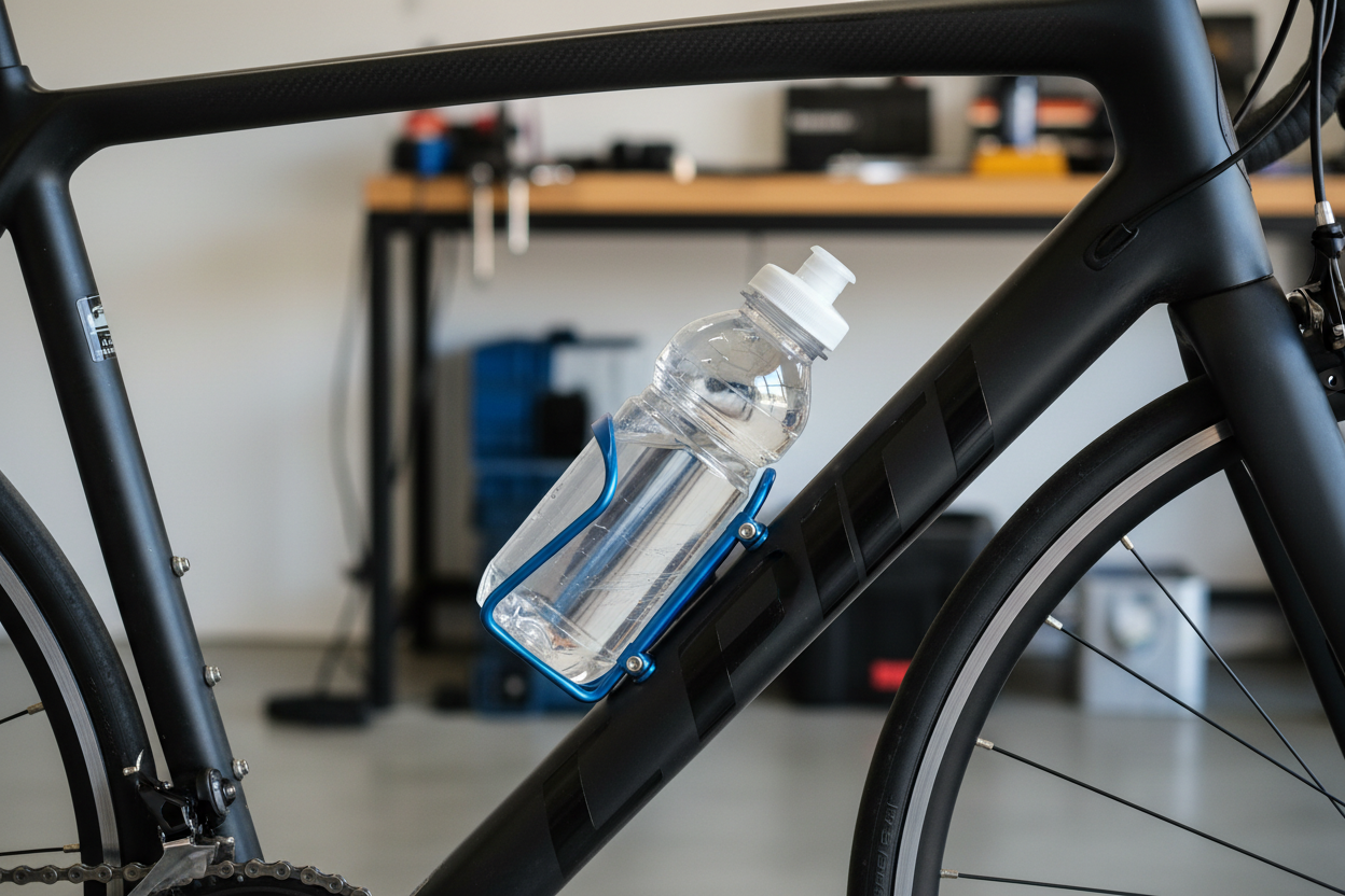 Blue Bicycle Bottle Cage - Mounted on Bike
