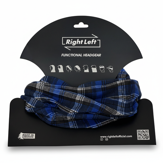 Blue black plaid headgear on white background