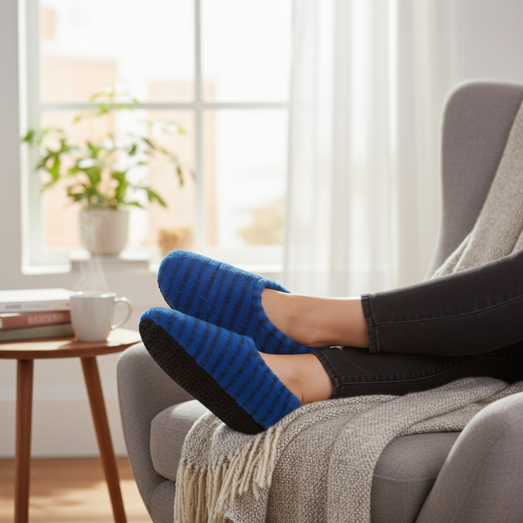 Blue fuzzy slippers lifestyle photo