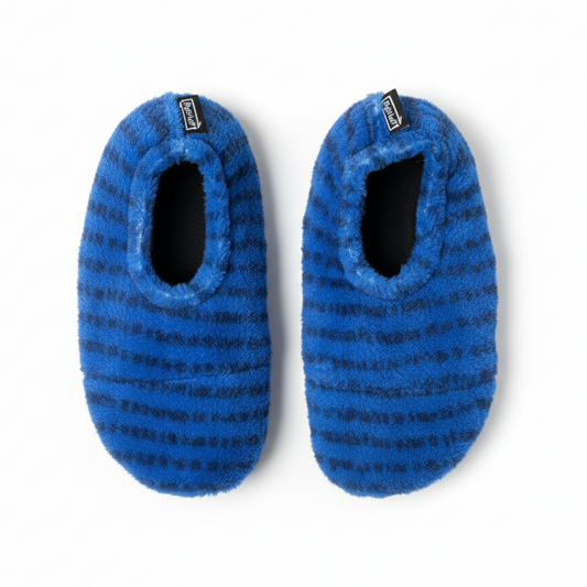 Blue fuzzy slippers on white background