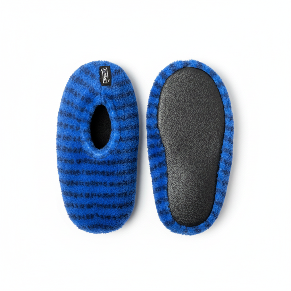 Blue fuzzy slippers with sole view on white background