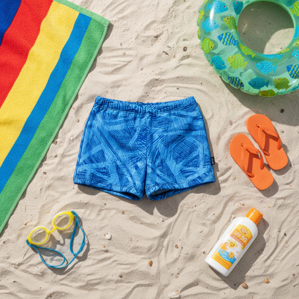 Blue geometric swim shorts beach flat-lay