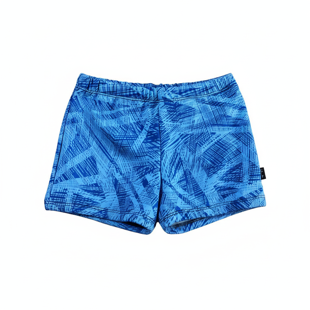 Blue geometric swim shorts on white background