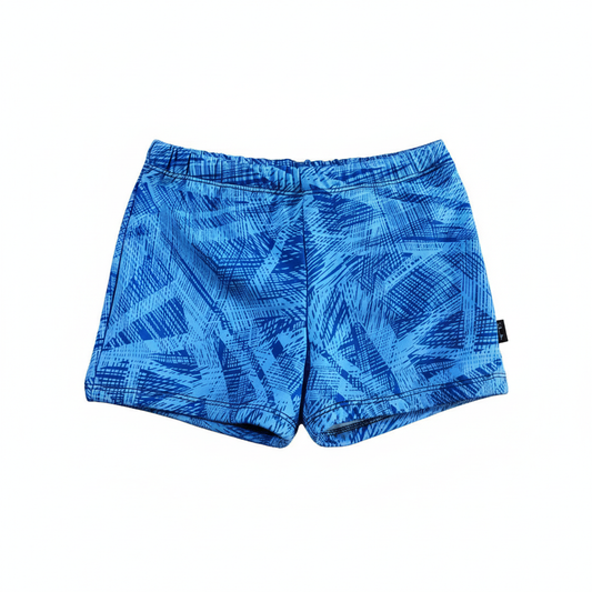 Blue geometric swim shorts on white background