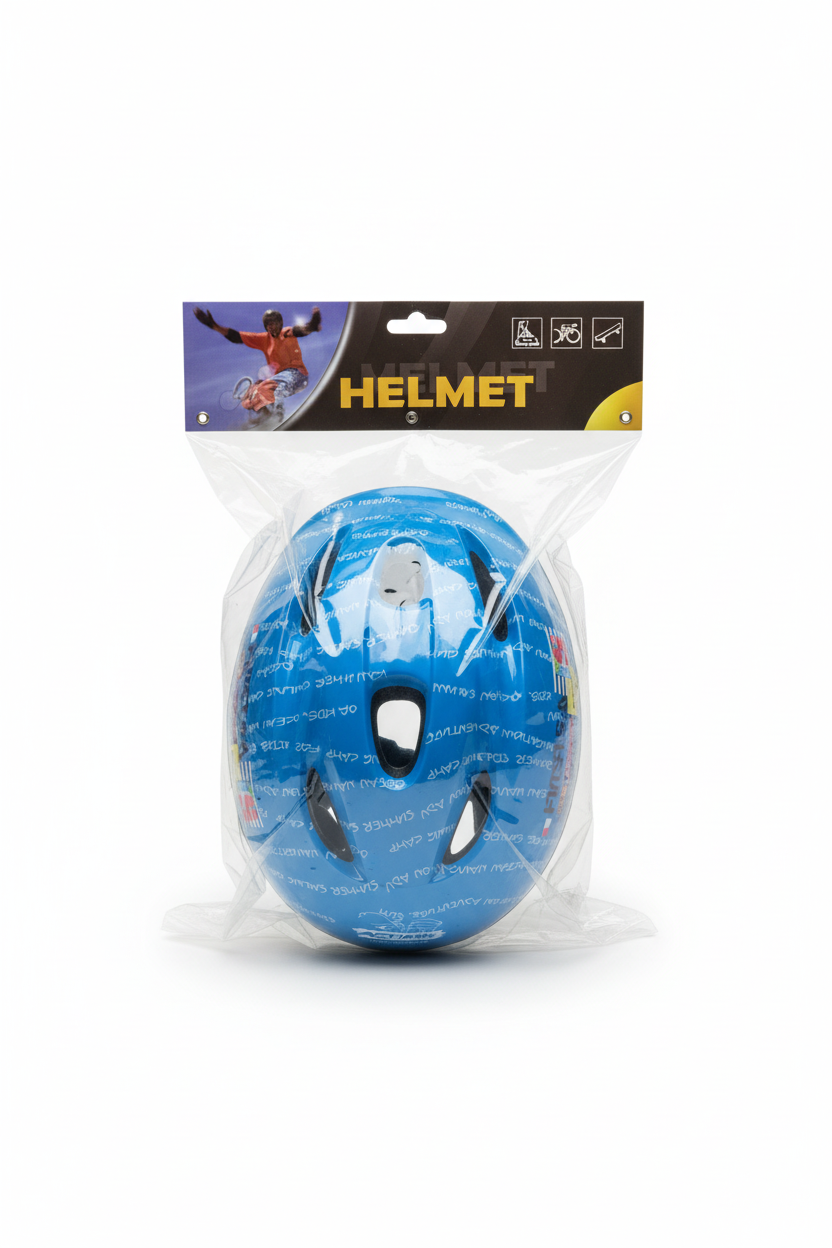 Blue helmet in packaging on white background