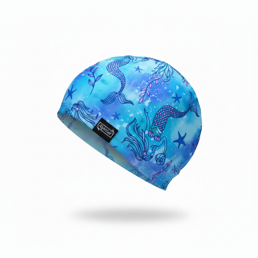 Blue mermaid lycra cap - left side view without mannequin
