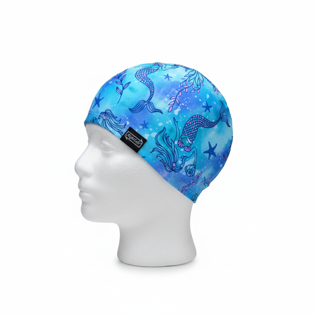 Blue mermaid lycra cap on mannequin - left side view
