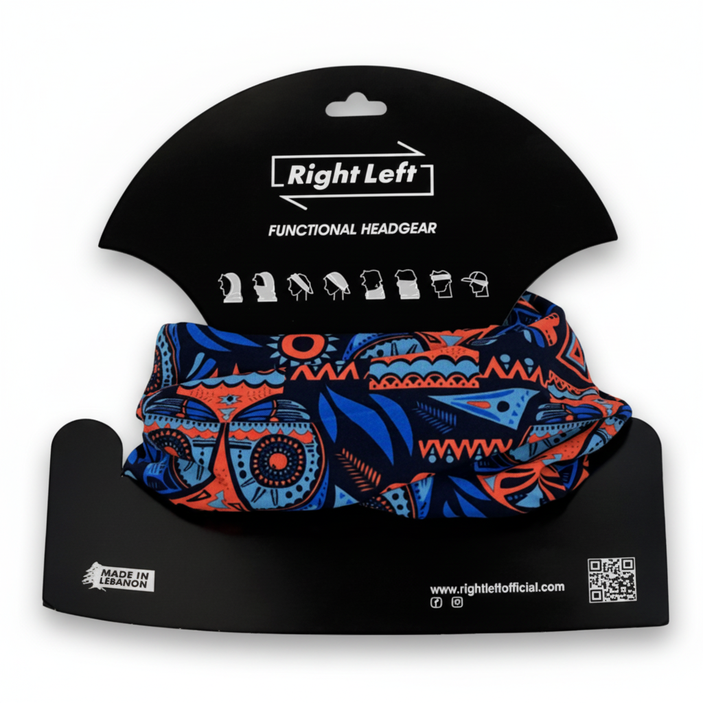 Blue orange tribal design headgear on white background