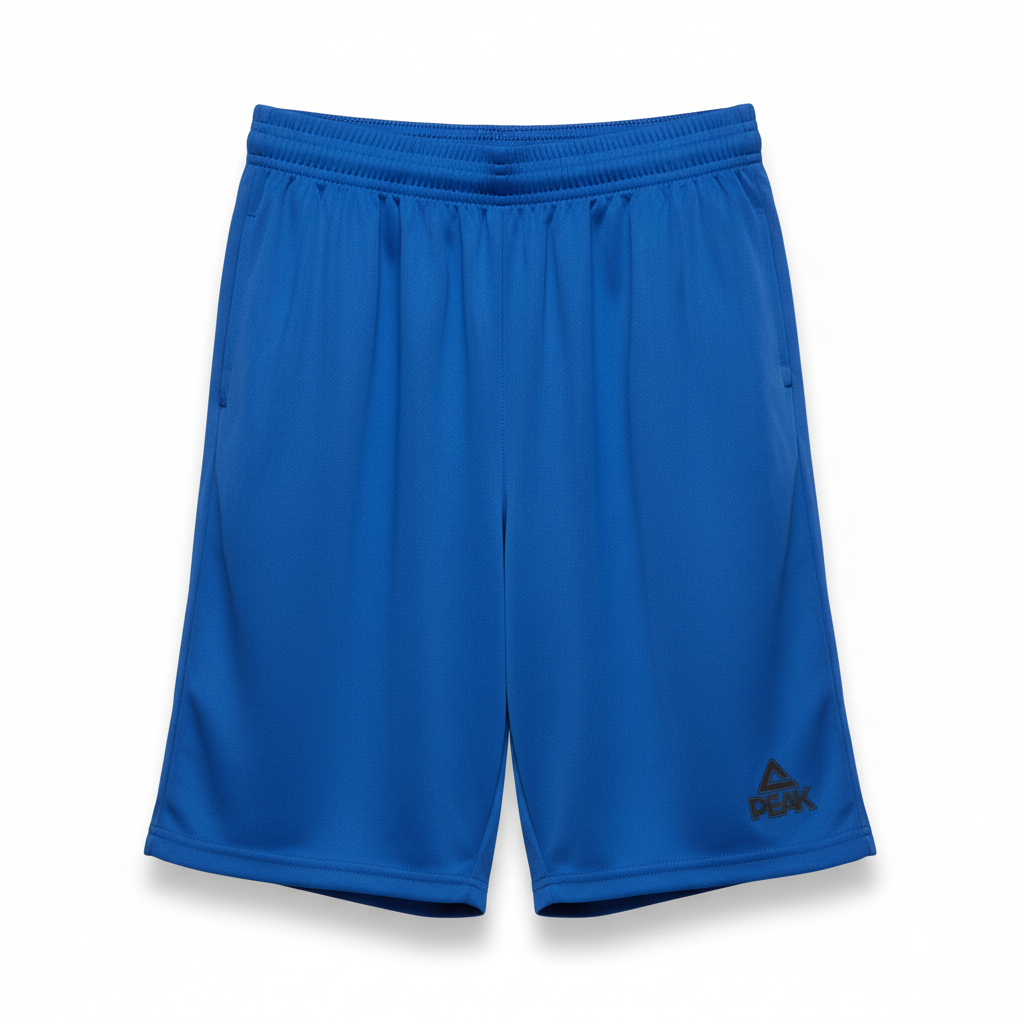 Blue PEAK athletic shorts on white background