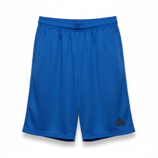 Blue PEAK athletic shorts on white background