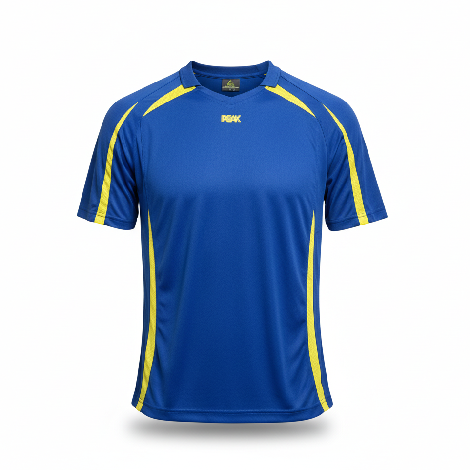 Blue Peak t-shirt with yellow accents ghost mannequin