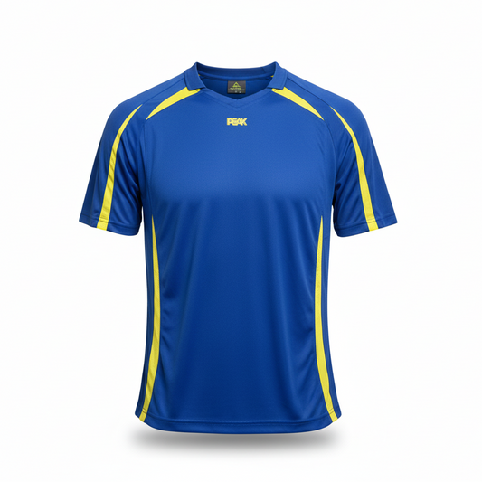 Blue Peak t-shirt with yellow accents ghost mannequin