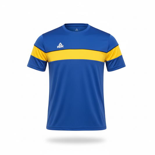 Blue Peak t-shirt with yellow stripe ghost mannequin