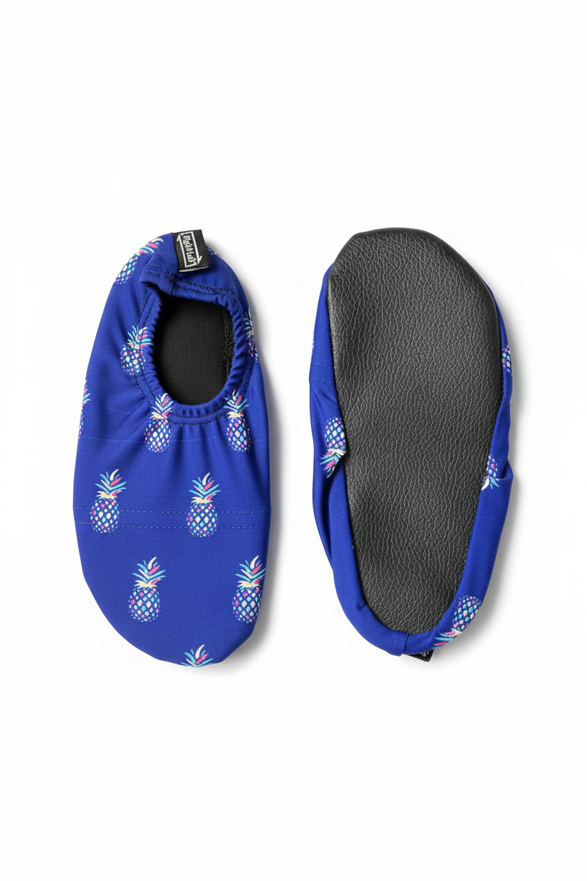 Blue pineapple water shoes - top and bottom view