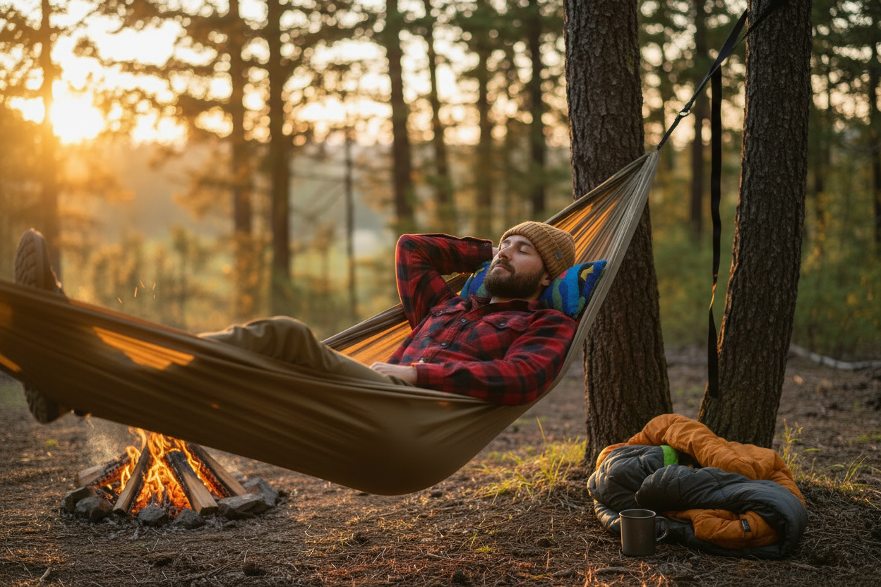 Blue plaid pillow - man in hammock camping