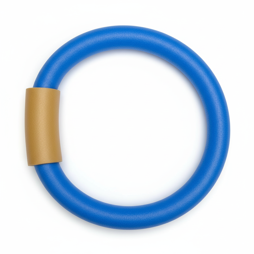 Blue pool noodle ring with gold connector on white background