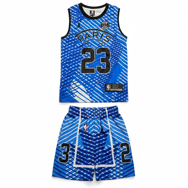 Blue PSG Paris basketball uniform set on white background