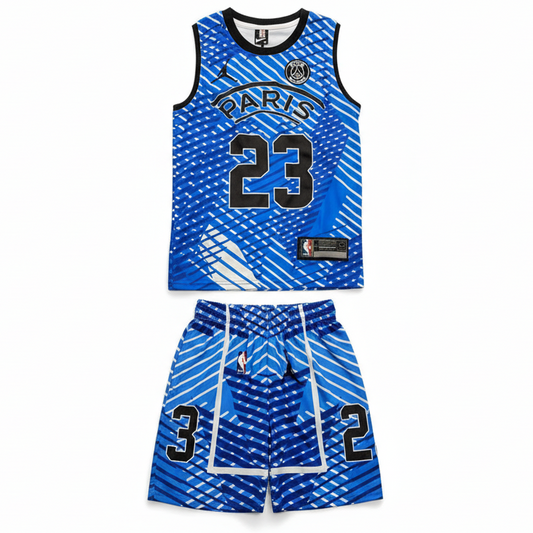 Blue PSG Paris basketball uniform set on white background