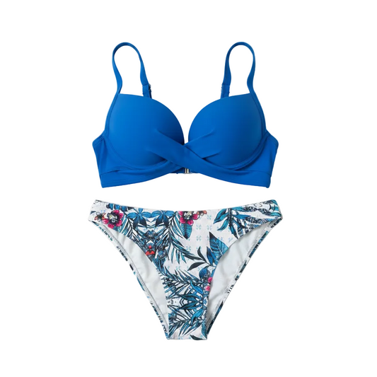 Blue Push-Up & Tropical Print Bikini Set White Background