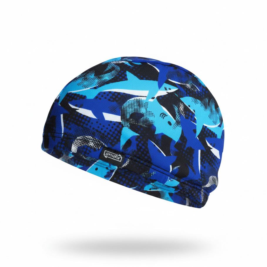 Blue shark patterned lycra cap - left side floating view with brand name