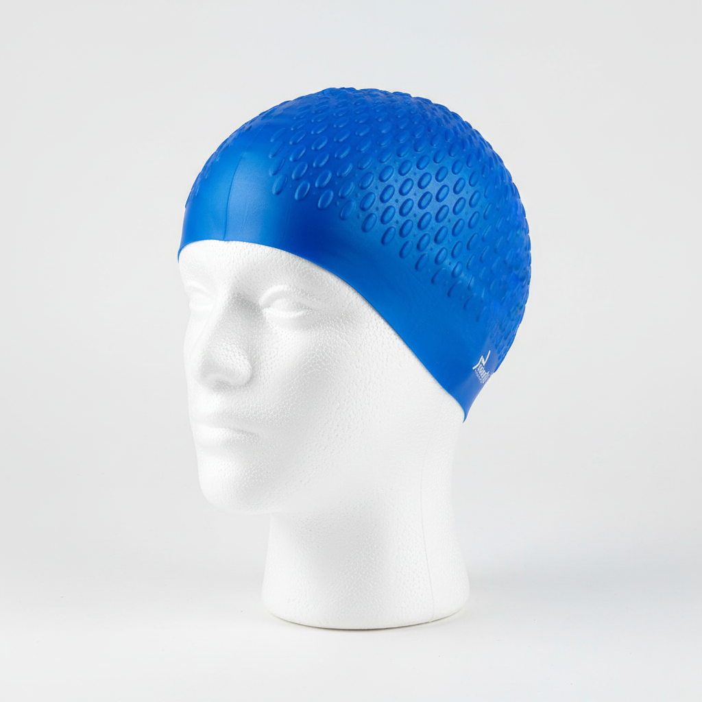 Blue silicone swimming cap on mannequin right side view