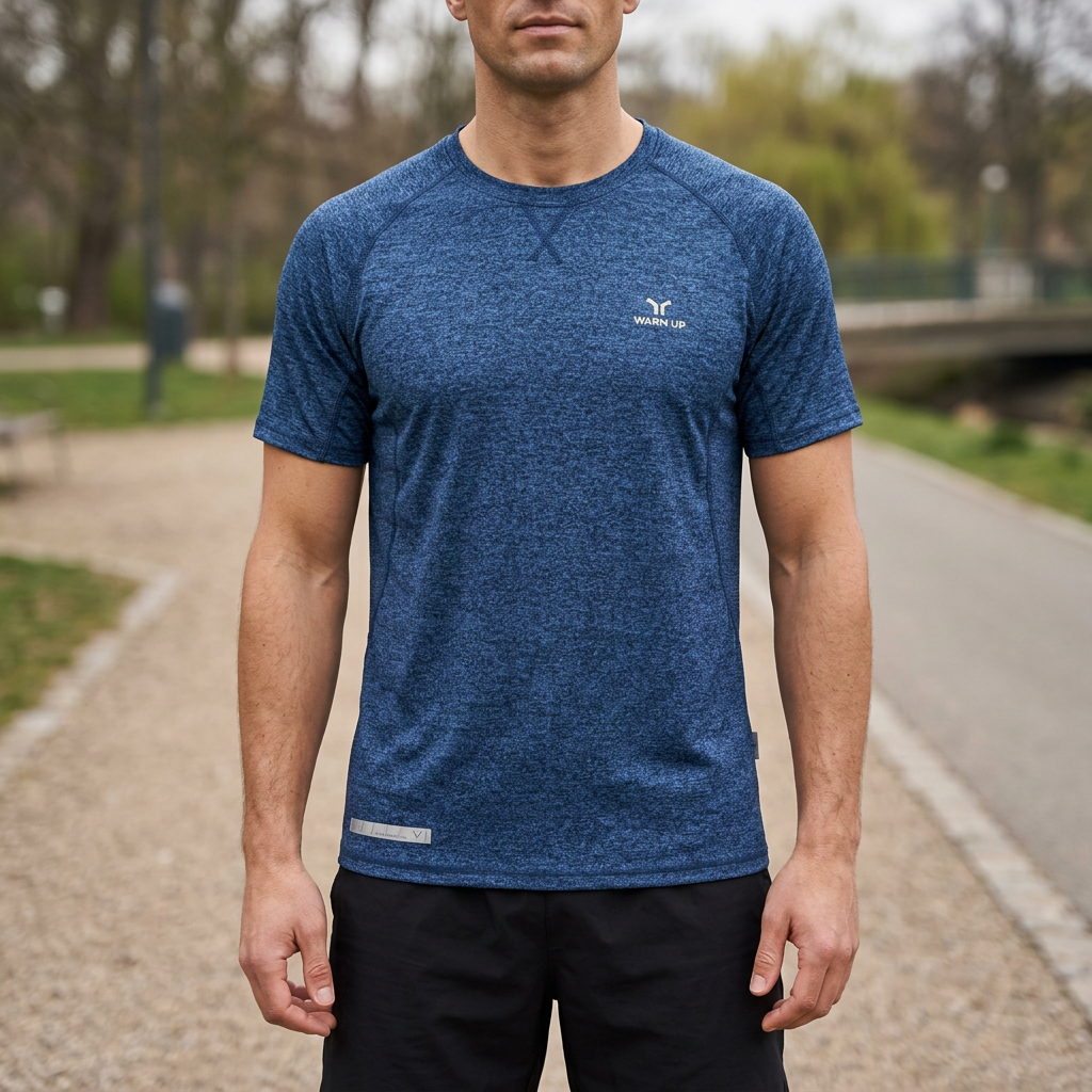 Blue T-shirt lifestyle photo in an outdoor fitness setting