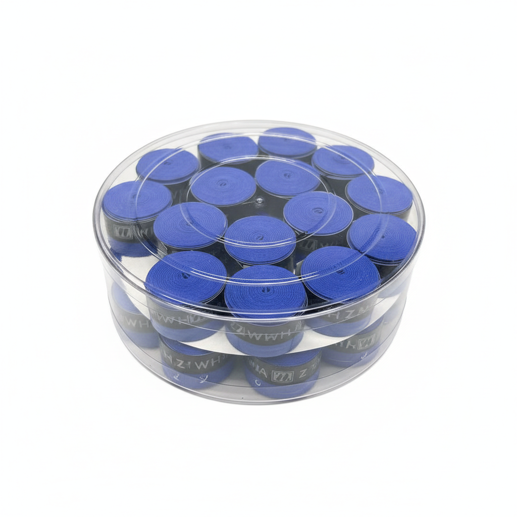 Blue tennis grip tape container on white background