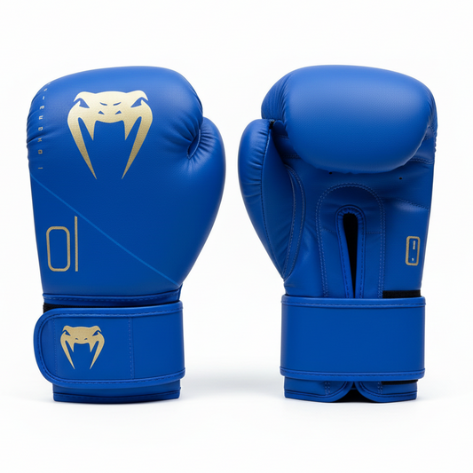 Blue Venum boxing gloves on white background