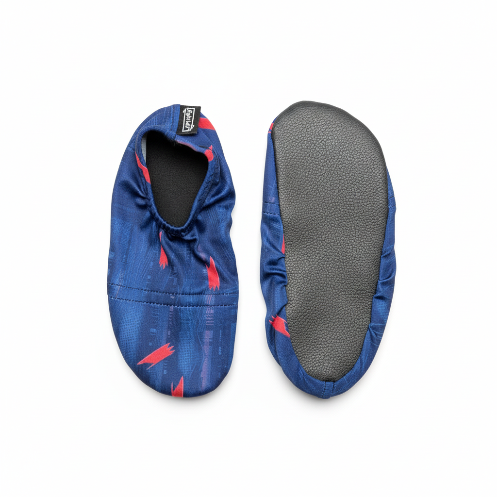 Blue water shoes with red arrows and sole view on white background