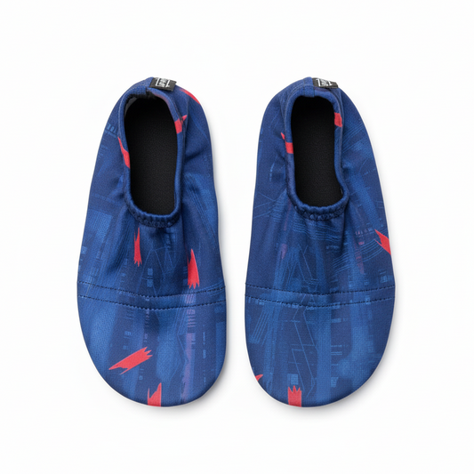 Blue water shoes with red arrows on white background