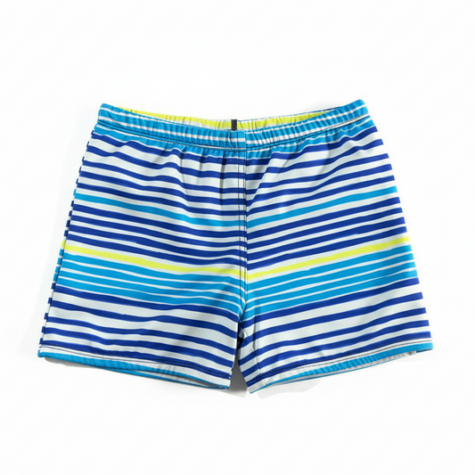 Blue white yellow striped swim shorts on white background