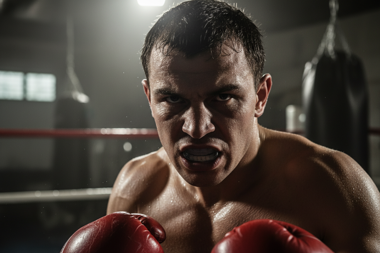 Boxer wearing mouth guard close-up