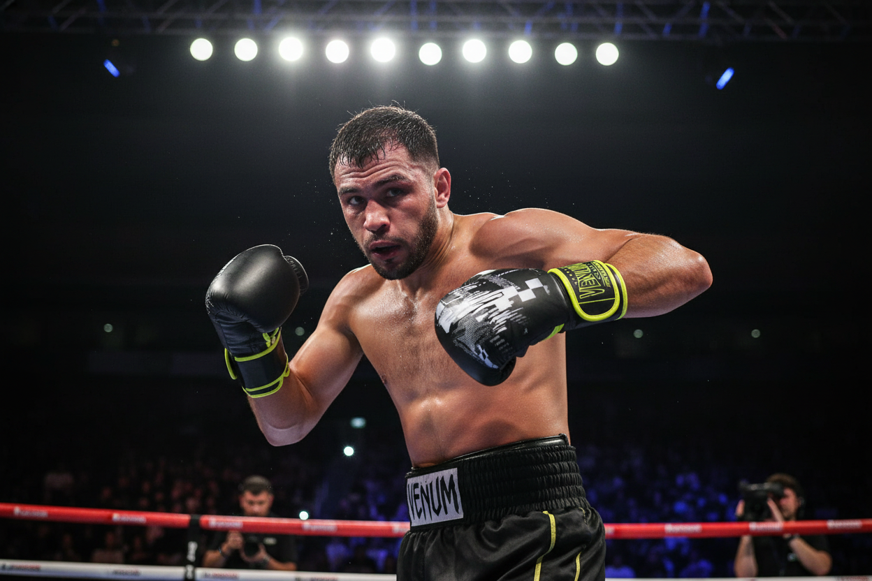 Boxer wearing Venum Pro Boxing gloves in competition