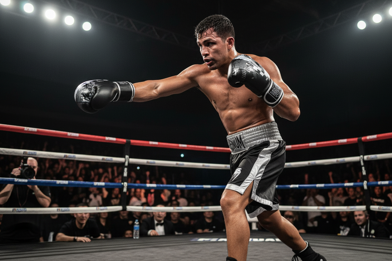 Boxer wearing Venum Pro Boxing gloves in competition