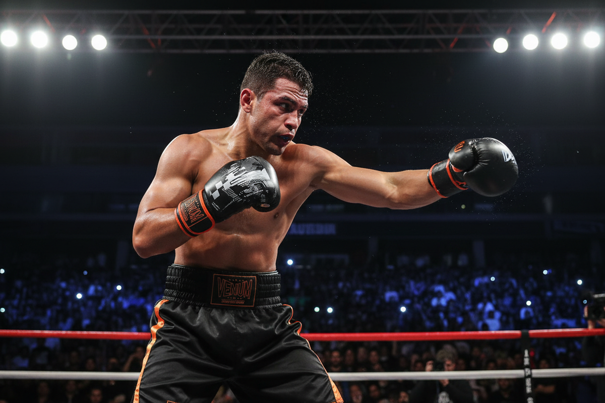 Boxer wearing Venum Pro Boxing gloves in competition