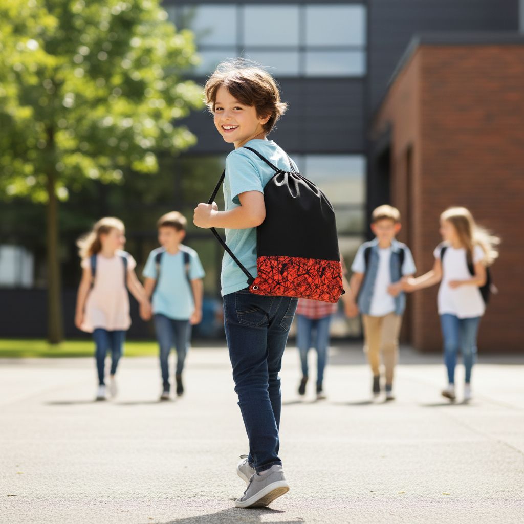 Boy carrying black and red spider web drawstring bag