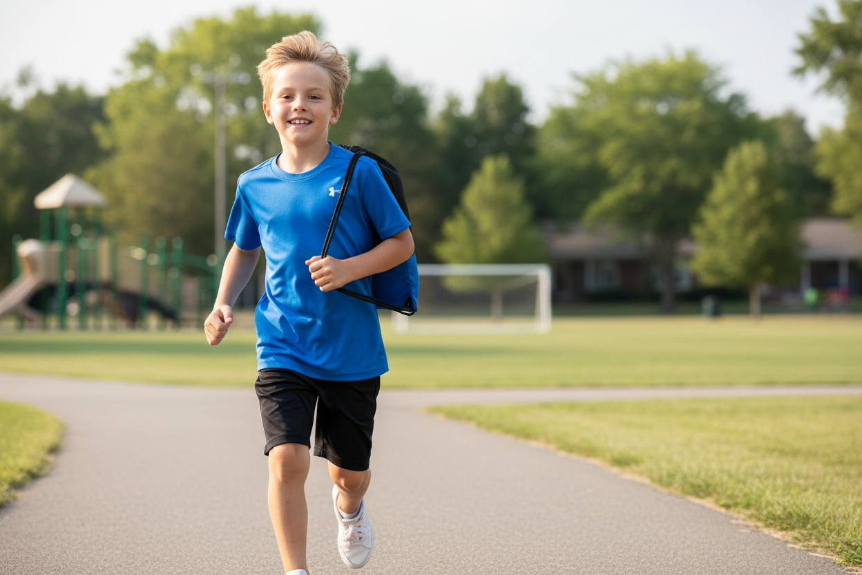 Boy holding blue and black drawstring bag